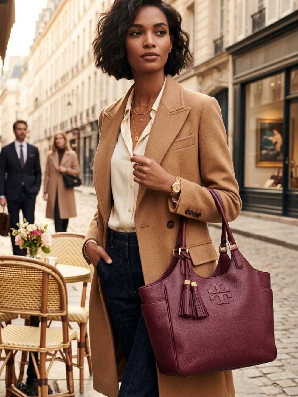 Tory Burch Burgundy Pebbled Leather Thea Slouchy Hobo Bag with Tassel